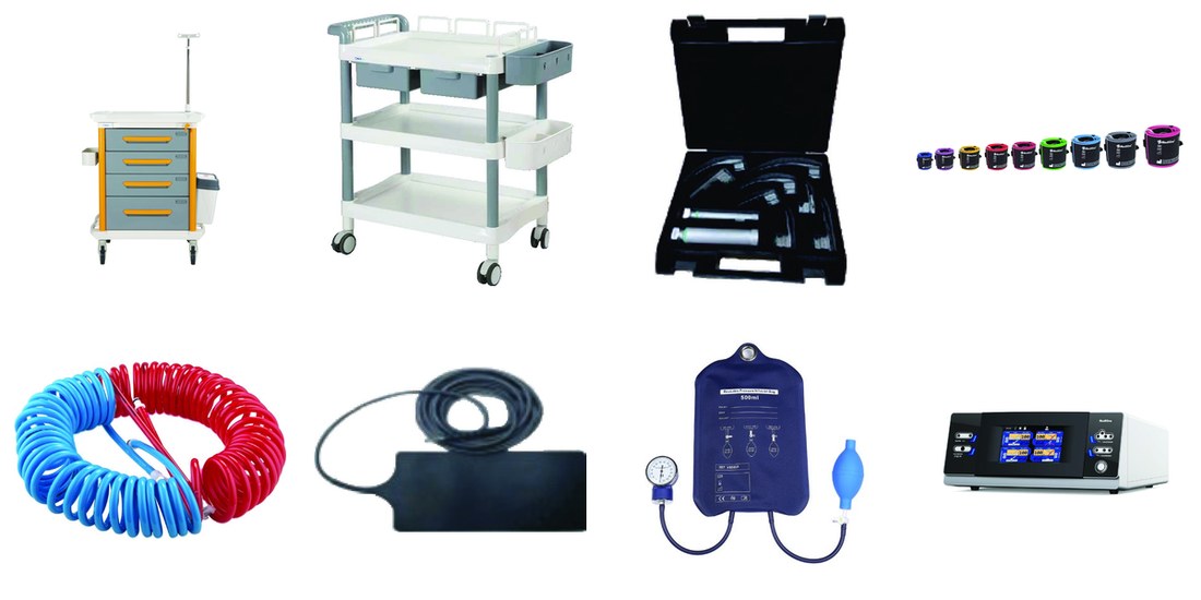 Medikal taşıyıcı arabalar, trolley serisi, laringoskop setleri, turnike manşonları ve hortumları, topraklama plakaları, basınçlı infüzyon torbası ve elektrokoter cihazı