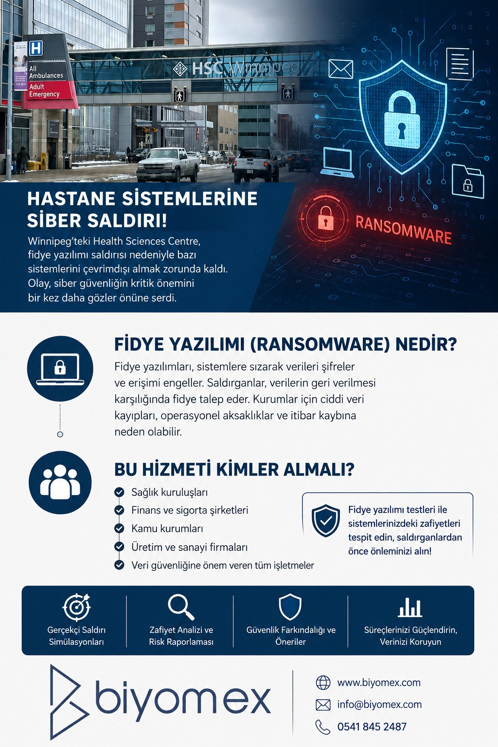 Biyomex Medikal — hastane sistemlerine siber saldırı, fidye yazılımı testleri ve hizmet kapsamı bilgilendirme görseli